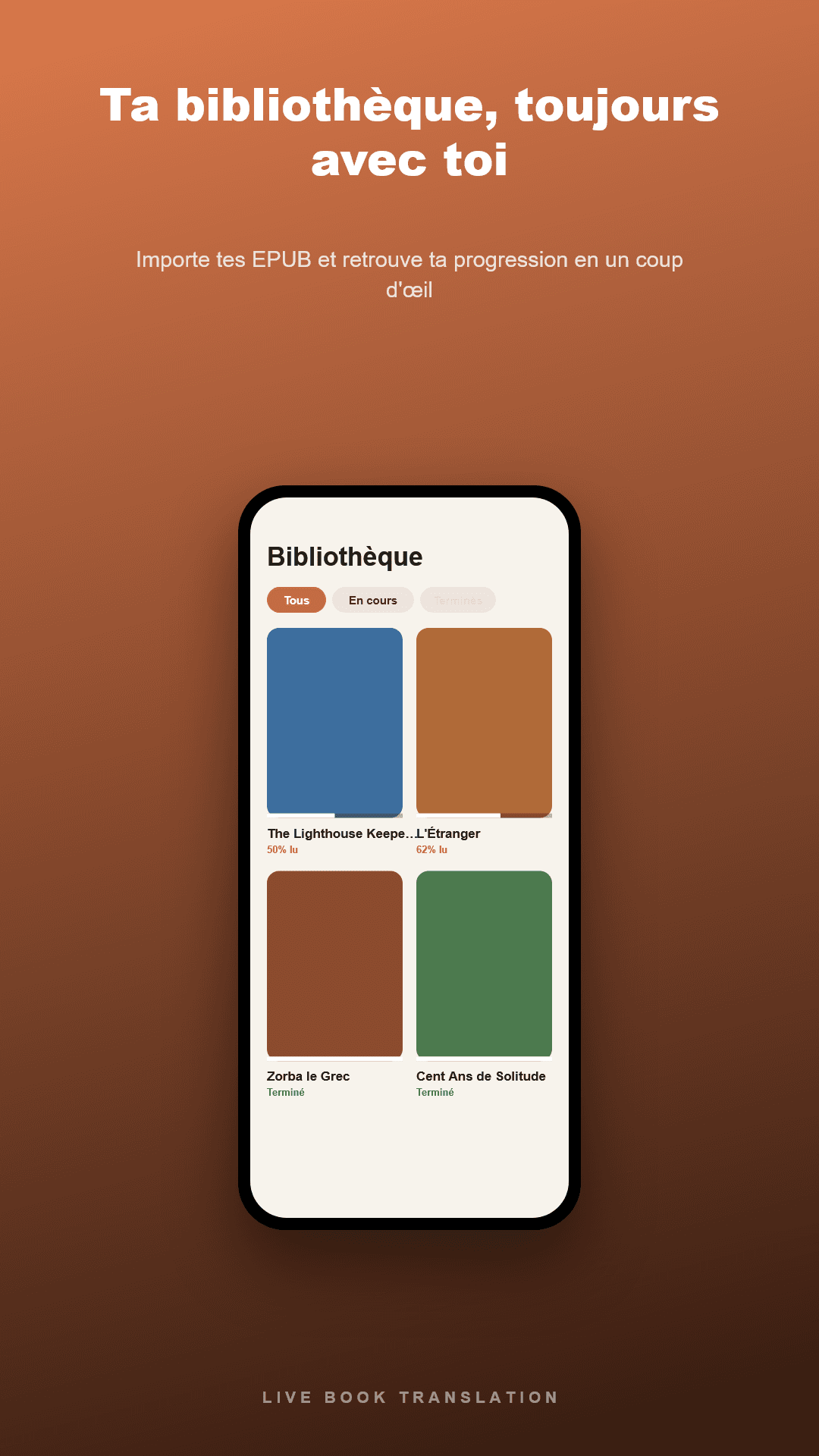 Bibliothèque d'ebooks EPUB avec suivi de progression